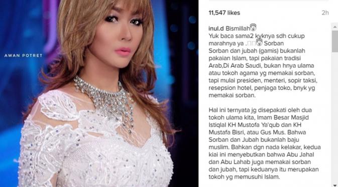 Inul Daratista memberikan penjelasan tentang sorban yang pernah ditulisnya di akun instagram. (Instagram @inul.d)