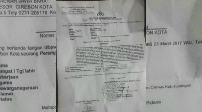 Seorang perempuan warga Desa Linggarjati, Cilimus, Kabupaten Kuningan, melaporkan Bupati Cirebon Sunjaya Purwadisastra ke Polresta Cirebon dengan nomor laporan STPL/304/III/2017/JBR/Cirebon Kota. (Liputan6.com/Panji Prayitno)