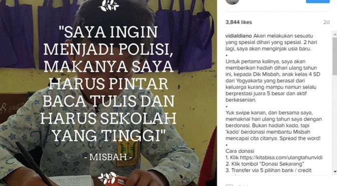 Vidi Aldiano memposting sosok Misbah, anak kurang beruntung yang ingin mengejar cita-citanya. (Instagram @vidialdiano)