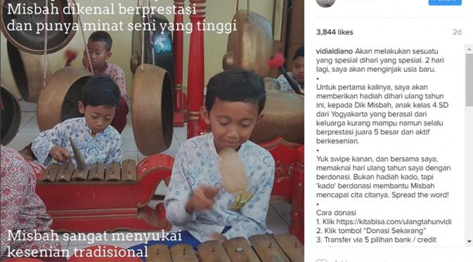 Vidi Aldiano memposting aktivitas Misbah. (Instagram @vidialdiano)