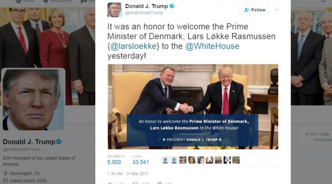  Donald Trump mengunggah fotonya bersama Perdana Menteri Denmark, Lars Lokke Rasmussen (Twitter/@realDonaldTrump)