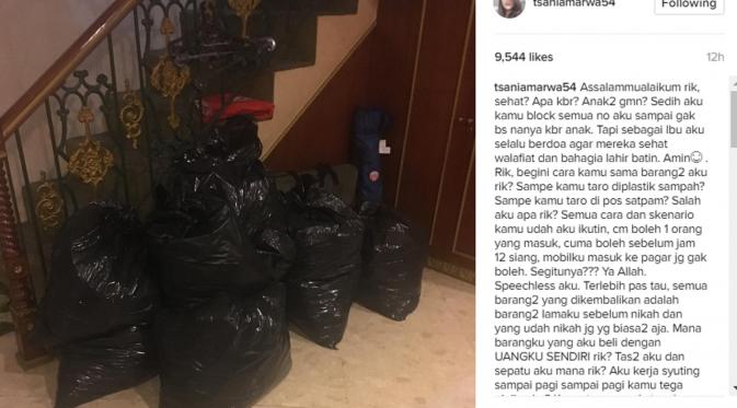 Curahan hati Tsania Marwa yang dipersulit bertemu dua anak dan barang-barangnya yang dikeluarkan dari rumah. (Instagram @tsaniamarwa)