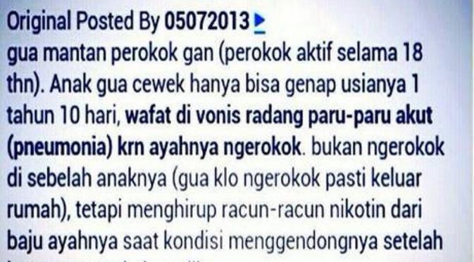 Anak Meninggal Karena Residu Rokok | via: kaskus.co.id