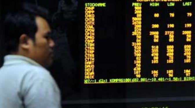 Refleksi layar indeks saham di Bursa Efek Indonesia, Jakarta, Senin (19/4). IHSG ditutup anjlok 38 poin pada perdagangan hari ini, seiring aksi jual masif pada hampir seluruh saham unggulan.(Antara)