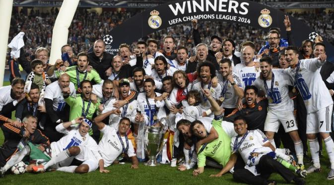 Real Madrid menjadi juara Liga Champions musim 2013/2014 setelah menang dramatis 4-1 atas rival sekota Atletico Madrid melalui perpanjangan waktu di Estadio da Luz, Lisbon, Portugal, Minggu (25/5/2014) dinihari WIB (AFP PHOTO/FRANCK FIFE).