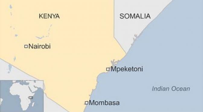 Peta yang menjelaskan kedekatan Kenya dan Somalia yang dilanda kekerasan oleh kaum militan