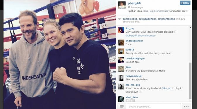 Iko Uwais bersama Peter Berg dan Ronda Rousey. (dok.Instagram)