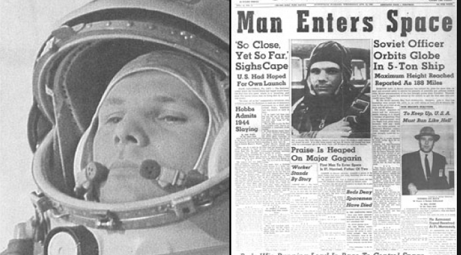 Yuri Gagarin berangkat dengan pesawat luar angkasa Vostok 1. Ia lalu berada di orbit Bumi selama 108 menit.