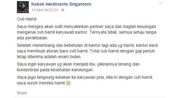 Awalnya, ia menulis status di akun Facebooknya  (Via: facebook.com/kokok.dirgantoro)