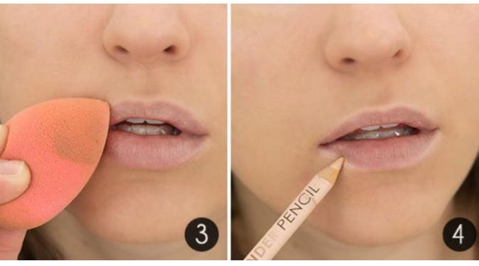 Lapisi bibir dengan foundation dan bingkai sekelilingnya dengan pencil concealer | via: divinecaroline.com