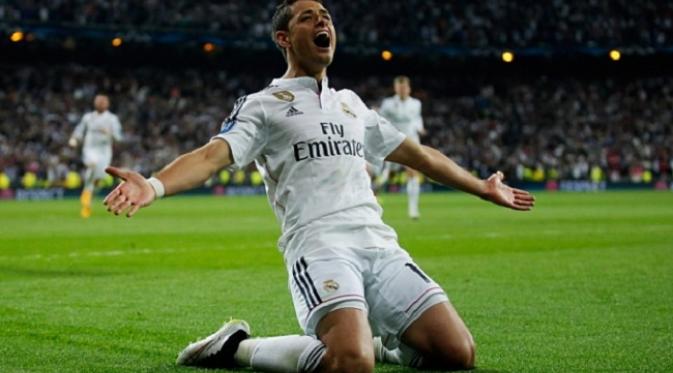 Ekspresi Chicharito setelah mencetak gol semata wayang ke gawang Atletico Madrid. Real Madrid lolos ke fase semifinal Liga Champions dengan menundukkan Atleti 1 - 0.  (Telegraph)