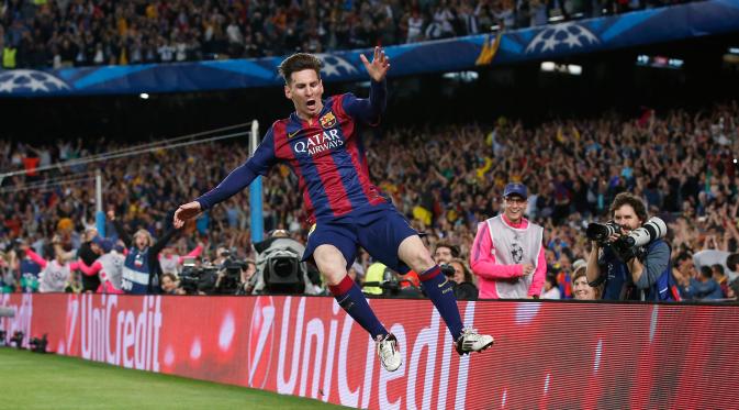 Penyerang Barcelona, Lionel Messi merayakan selebrasi usai mencetak gol ke gawang Bayern Muenchen pada leg pertama babak semifinal Liga Champions di Camp Nou, Kamis (7/5/2015). Barcelona menang 3-0 atas Bayern Muenchen. (Reuters/Gustau Nacarino)