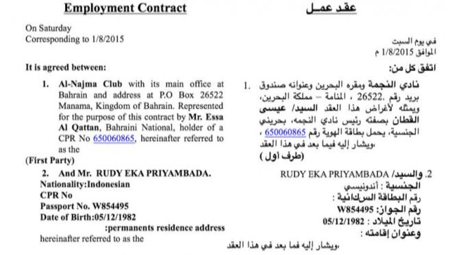 Rudy Eka Priyambada pamerkan kontraknya dengan klub Bahrain, Al Najma (twitter)