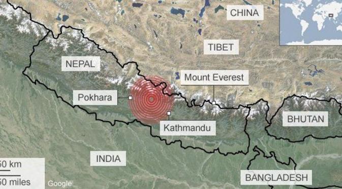 Titik Gempa Nepal pada Sabtu (25/4). (Via: bbc.co.uk)