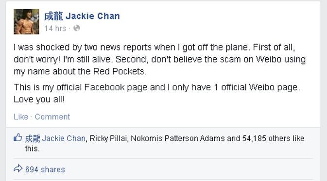 Jackie Chan menepis rumos meninggal dunia melalui Facebook. (via Facebook.com)