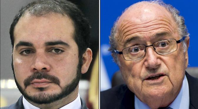 Prince Ali Bin Al Hussein bersaing dengan Sepp Blatter (FABRICE COFFRINI, KARIM JAAFAR / AFP)