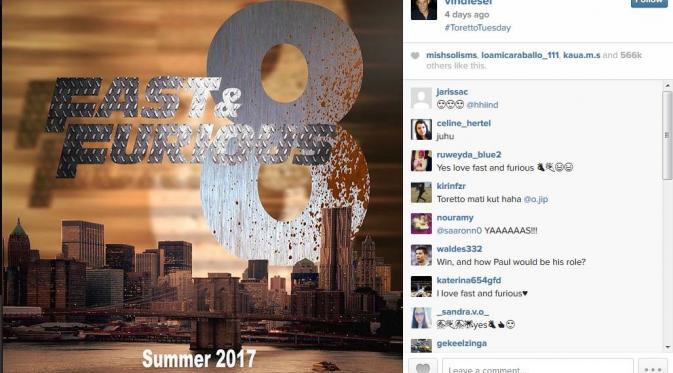 Vin Diesel melalui akun Instagram-nya memberikan desain terkait Fast and Furious 8.