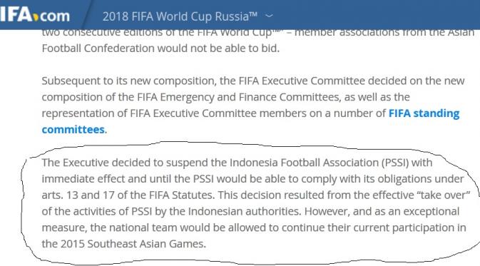 Inilah bukti jika sanksi FIFA ke Indonesia benar-benar nyata dan sudah dimuat di FIFA.com (FIFA.com)