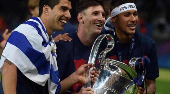 Lionel Messi bersama Neymar dan Luis Suarez