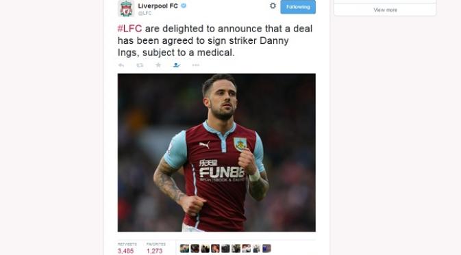 Liverpool Resmi Gaet Danny Ings (Twitter)