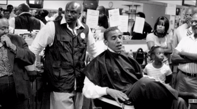 Tampak pria yang berwajah mirip presiden AS, Barack Obama di video behind the scene 'Barbershop 3'. Foto: Vidio