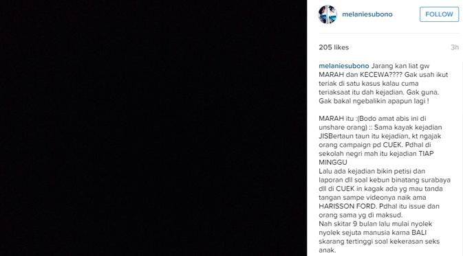 Melanie Subono menuangkan kekecewaannya melalui akun Instagram pribadinya. (foto: instagram.com/melaniesubono)