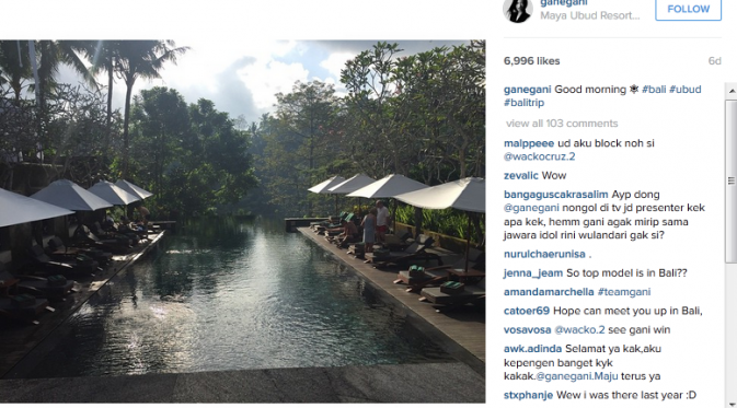Ayu Gani yang hobi travelling berwisata ke Ubud, Bali. (Instagram @ganegani)
