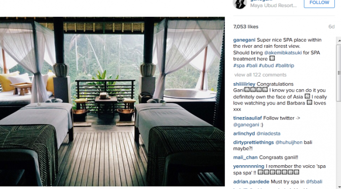 Ayu Gani juga memanjakan tubuh dengan spa di Ubud, Bali. (Instagram @ganegani)
