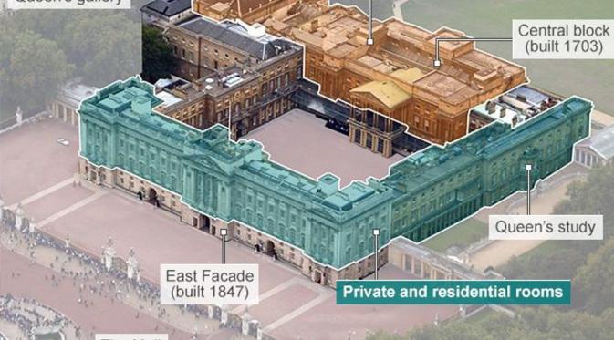 Denah Buckingham Palace atau Istana Buckingham Inggris. (BBC)