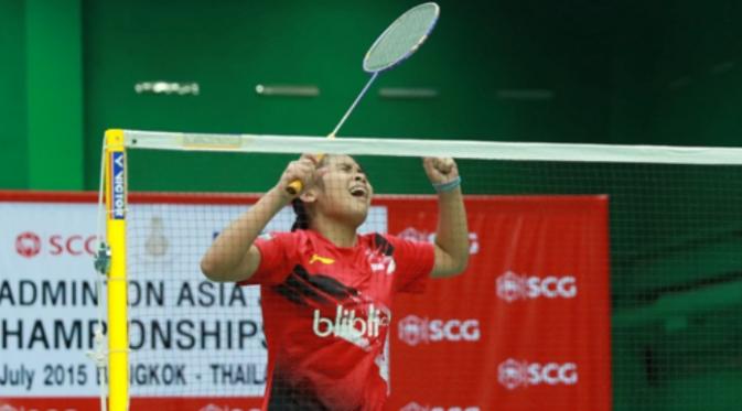 Tunggal putri Gregoria Mariska membawa Indonesia berbalik unggul2-1 atas Korea pada semifinal Asia Junior Championships 2015 (badmintonindonesia.org)