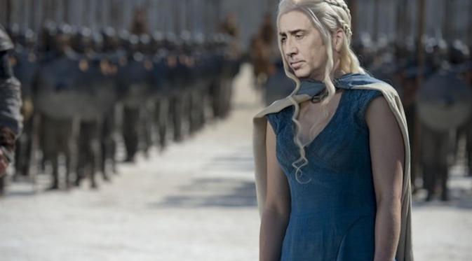 Nicolas Cage menjadi wanita menggantikan Emilia Clarke (Daenerys Targaryen) di 'Game of Thrones'. Foto: via buzzfeed.com