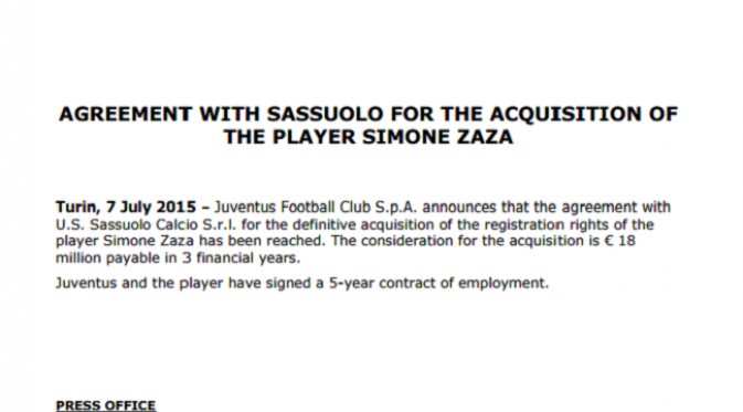 RESMI - Rilis resmi Juventus sukses dapatkan Simone Zaza. (Juventus.com)