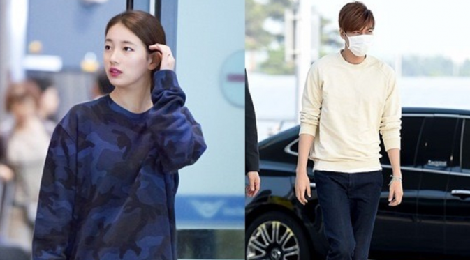 Lee Min Ho dan Suzy ketika sampai di bandara Korea Selatan di waktu yang bersamaan [Foto; OSEN]