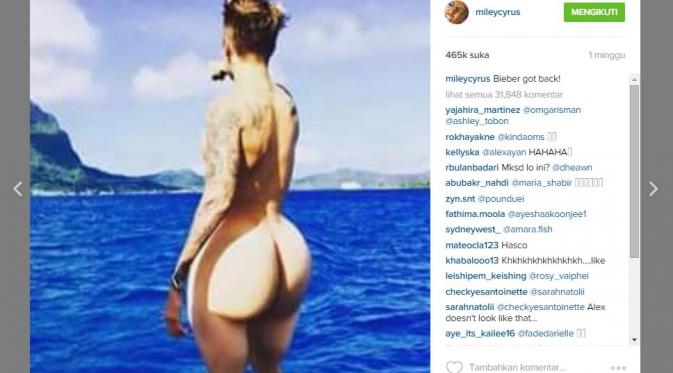 Bokong Justin Bieber dijadikan lelucon oleh Miley Cyrus (via Instagram Miley Cyrus)