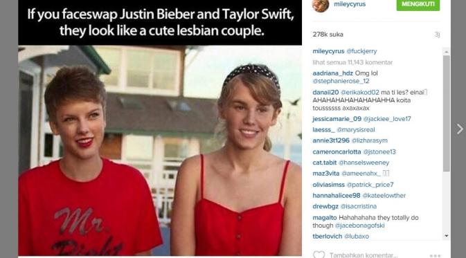 Taylor Swift dan Justin Bieber dijadikan lelucon oleh Miley Cyrus (via Instagram Miley Cyrus)