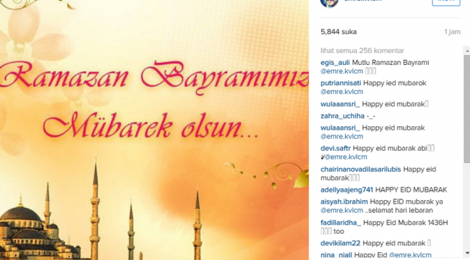 Emre Kivilcim mengucapkan selamat Lebaran melalui akun berbagi gambar Instagram miliknya.