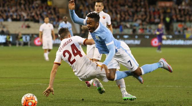 Raheem Sterling is brought down in the box by Roma's Alessandro Florenzi but no penalty is awarded Action Images via Reuters / Jason O'Brien Livepic