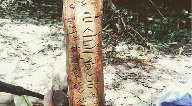 Chanyeol `EXO` mengunggah foto pohon yang bertuliskan nama pemain Law of the Jungle.