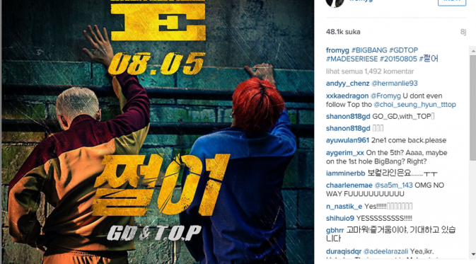 G-Dragon dan T.O.P dengan gaya nyeleneh dalam poster proyek musik duetnya yang dirilis untuk menggoda penggemar.