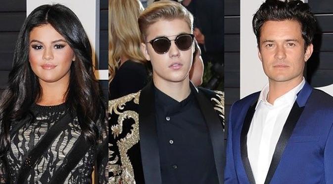 Selena Gomez, Justin Bieber, dan Orlando Bloom. (foto: aceshowbiz.com)