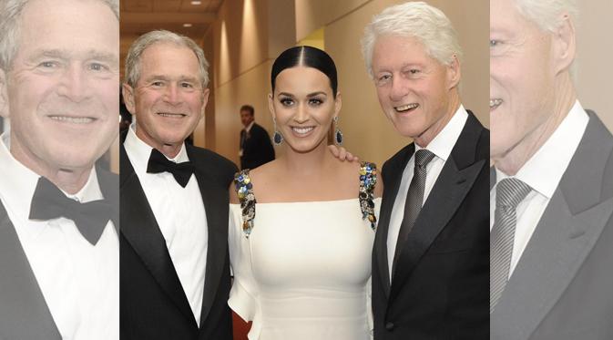 Katy Perry berpose bersama Bill Clinton dan George W Bush. (foto: vanityfair)
