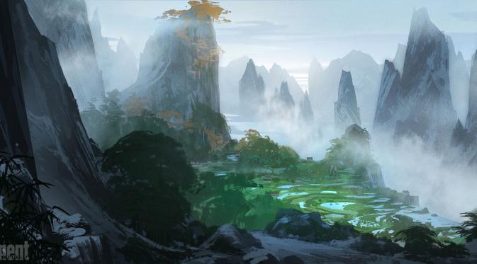 Gambar desa ayah Po di Kung Fu Panda 3 tampak artistik dengan mengambil inspirasi dari sebuah tempat di Sichuan, Tiongkok. (Entertainment Weekly)