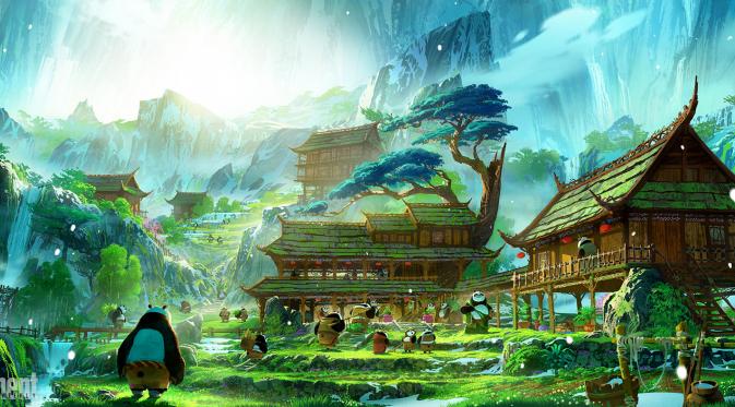 Gambar desa ayah Po di Kung Fu Panda 3 tampak artistik dengan mengambil inspirasi dari sebuah tempat di Sichuan, Tiongkok. (Entertainment Weekly)