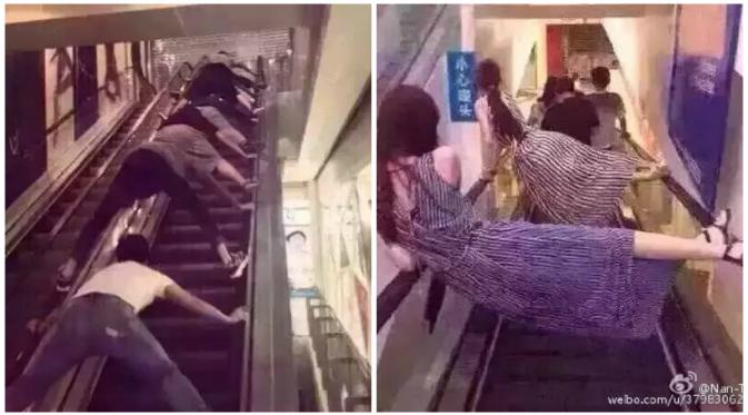 Aksi nyeleneh menggunakan eskalator. (Shanghaiist) 