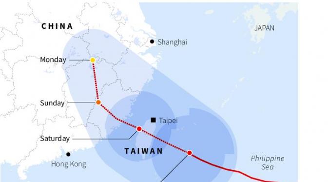 Peta pergerakan Topan Soudelor yang melanda Taiwan. (Reuters)