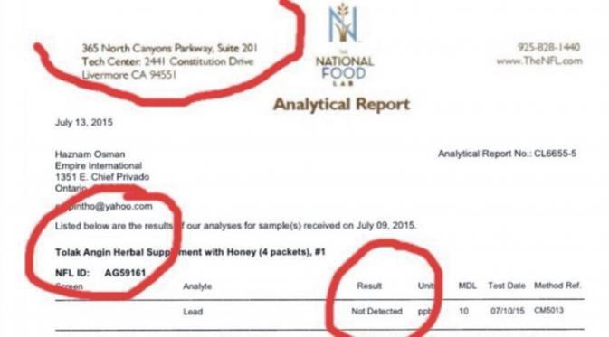 Inilah hasil tes dari National Food Lab, Los Angeles, California yang menyatakan Tolak Angin tidak mengandung logam berat.