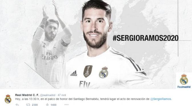 Sergio Ramos telah mencapai kesepakatan dengan Real Madrid atas kontra baru yang berakhir Juni 2020. (Liputan6.com/twitter.com/realmadrid)