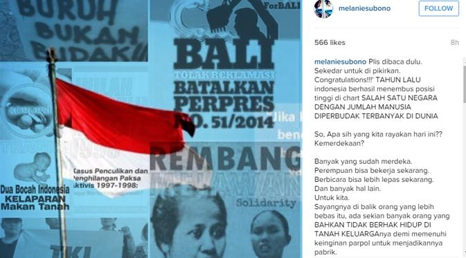 Melanie Subono mencurahkan harapannya untuk Indonesia di HUT ke-70. (foto: instagram.com/melaniesubono)