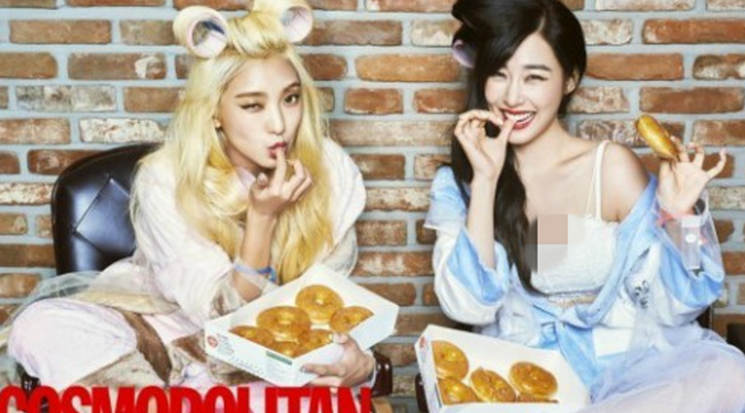 Dalam sesi pemotretan bersama Cosmopolitan, Tiffany tampak memamerkan belahan dadanya. Sementara, Bora tampil polos.