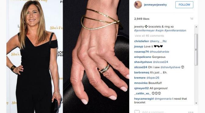 Jennifer Aniston dan cincin kawinnya (via Instagram jenmeyerjewelry)